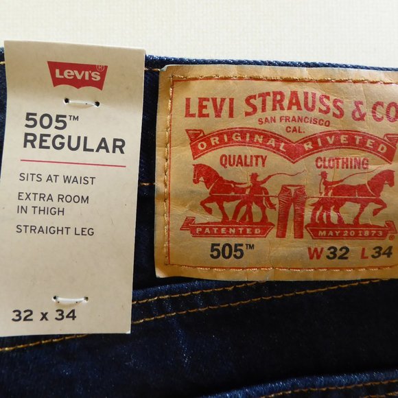 LEVI’S 505 MENS REGULAR FIT STRAIGHT LEG 32 x 34 DARK BLUE WASH (NEW WITH TAGS) - Picture 4 of 7